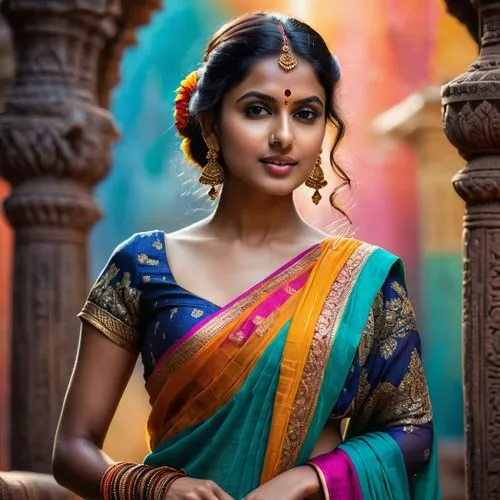 A beautiful 26 year old woman in a flowing, colorful sari. Low cut. Flirty.
,a beautiful indian woman with traditional costume in sari,sari,saree,natyam,paithani saree,sneha,wedding saree,padmapriya,r