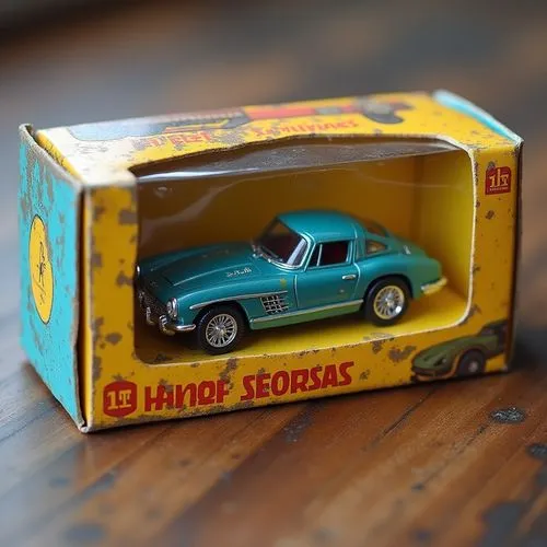 car toy idea,colorfull box,a toy car sits in a tiny box on a table,matchbox car,ford truck,matchbox,retro car,retro vehicle,pickup truck,tin toys,vintage vehicle,vintage toys,model car,retro automobil