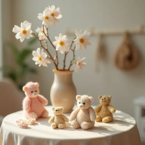 exclusive kids room elegant decoration on table ,delicate ,blured background,zoom focus
,the teddy bears sit near the vase of flowers,nursery decoration,soft toys,nursery,wooden toys,teddies,marzipan 