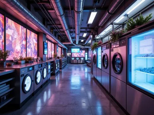 Futuristic laundry room, sleek metallic surfaces, iridescent fabrics, neon-lit washing machines, holographic displays, glowing pipes, minimalist shelving units, angular lines, vibrant LED lighting, hi