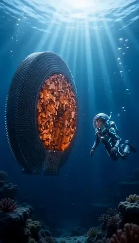 A breathtaking cinematic sci-fi video under the deep blue ocean. A young boy wearing a high-tech glowing diving suit waves his hands. An ancient glowing orange bioluminescent sculpture comes to life, 