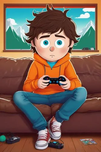 south park style, original character, male, 10yo, messy brown hair, bright blue eyes, freckles on cheeks, casual wear, orange sweater, ripped jeans, sneakers, holding a video game controller, sitting 