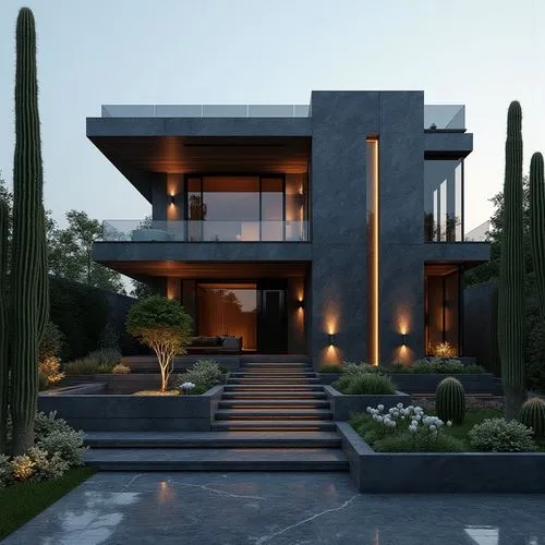 A luxurious, ultra-modern, three-story mansion with a sleek, dark gray marble facade and prominent vertical columns, situated in a refined, upscale residential setting. The exterior features large fl