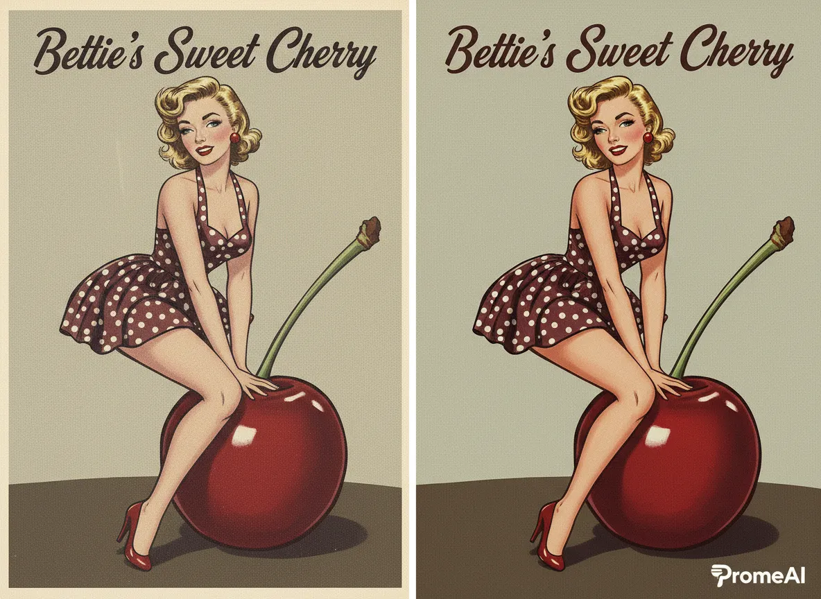Un'immagine di confronto che mostra una locandina pin-up vintage degli anni '50 accanto a una versione quasi identica creata con PromeAI, mettendo in mostra lo stile autentico.