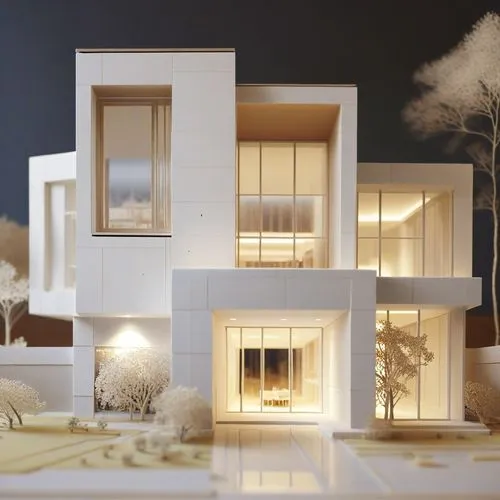a lit up model of a house on display,model house,prefab,smart home,cubic house,miniature house,demountable