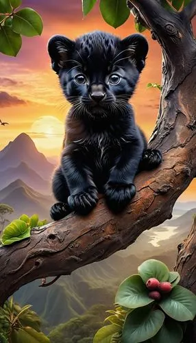 a painting of a small black kitten sitting on a tree nch with an orange sunset in the background,pekinese,french bulldog,cute puppy,landscape background,bear cub,schnauzer,nature background,dog illust