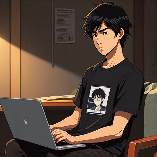 2d animated film, id photo, young and slim asian man working on laptop, worried, dark hair, dark eyes, japanese anime style, a black t-shirt, dark pants ,anime 3d,anime boy,anime cartoon,man with a co