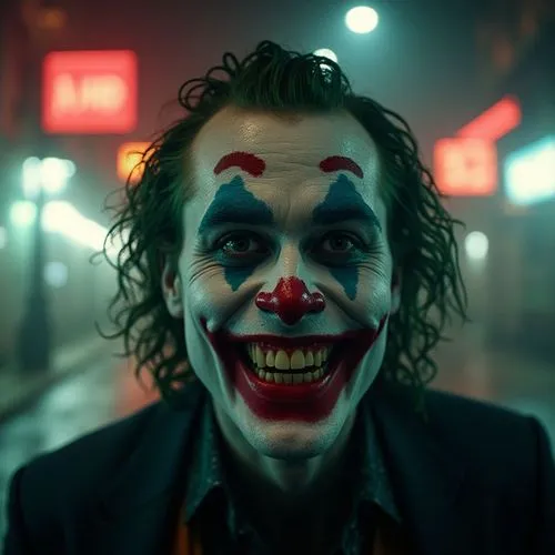 "Un primer plano del Joker, con una expresión maniaca mientras mira directamente a la cámara y se ríe a carcajadas. Su rostro está iluminado por una luz tenue y dramática, resaltando su piel blanca, l