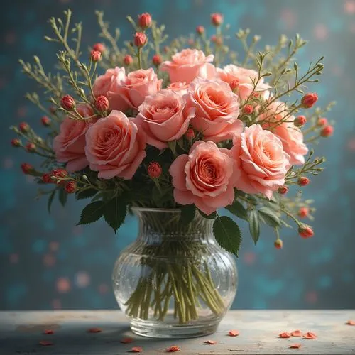  thousands of roses and flowers in the spring; wildcrafted in a crystal vase. Cinematic, realistic HDR photography.biometric shading, synesthesia,fluid lines ,a clear glass vase with pink roses in it,