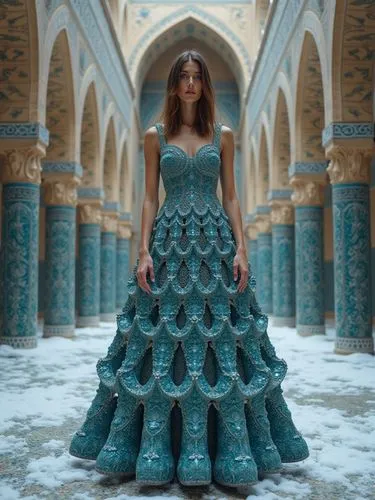 A highly detailed and elegant haute couture dress deeply inspired by traditional Iranian architecture, especially the intricate geometry of muqarnas — the three-dimensional ornamental vaulting seen in