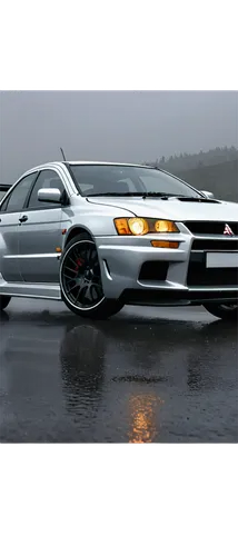 Mitsubishi Lancer Evolution, high-performance sports car, silver metallic paint, sleek lines, aggressive front bumper, fog lights, sporty alloy wheels, low-angle shot, dramatic lighting, misty backgro