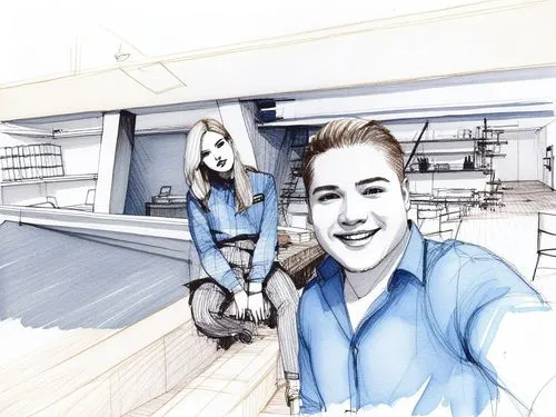 a man and woman sitting on a bench in an office,storyboard,storyboards,camera illustration,moving walkway,penciling,photo painting,camera drawing,loan work,intoning,picture design,illustrating,roughs,