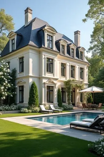 Elegant French-inspired luxury mansion with a cream stucco facade, ornate classical moldings, and tall black-framed windows. The building features a steep mansard roof with dark slate tiles and decora