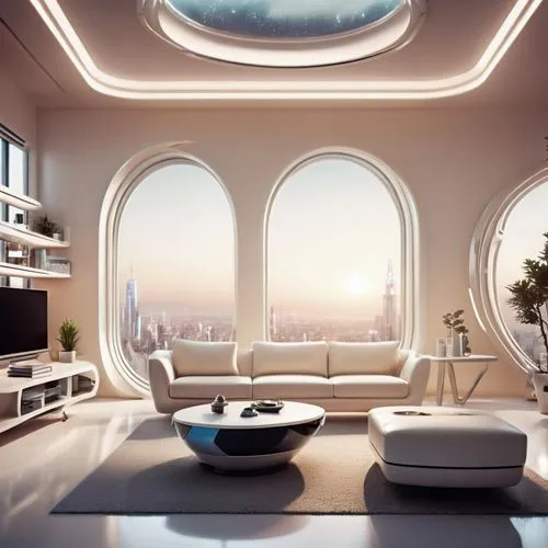 (Futuristic living room interior design perspective view:1.8), futuristic elements, bookshelves, (large window allows futuristic city view), ((realistic)), photo-realistic, (hint light peach fuzz on t