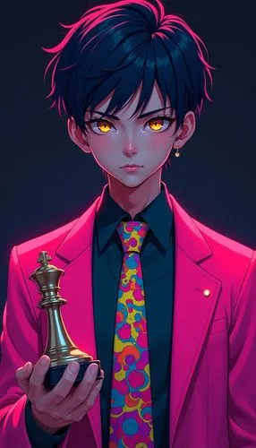 A digitally illustrated portrait of a confident, stylish boy with baby facial features and a serious expression. The character is wearing a vibrant, neon pink blazer over a dark green shirt, paired wi