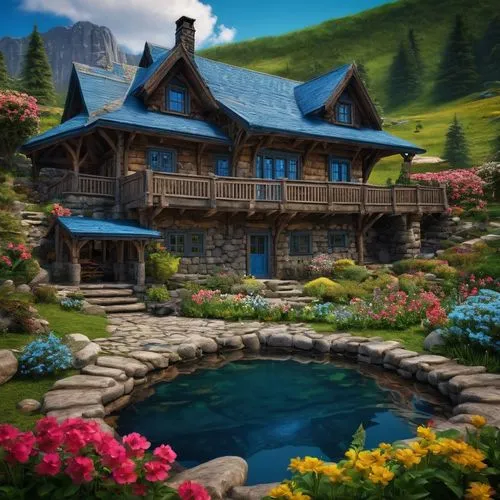 Blue Mountain,  wooden house, flowers are blooming,  stone pond ,alpine village,house in mountains,house in the mountains,summer cottage,home landscape,beautiful home,house with lake,cottage,the cabin