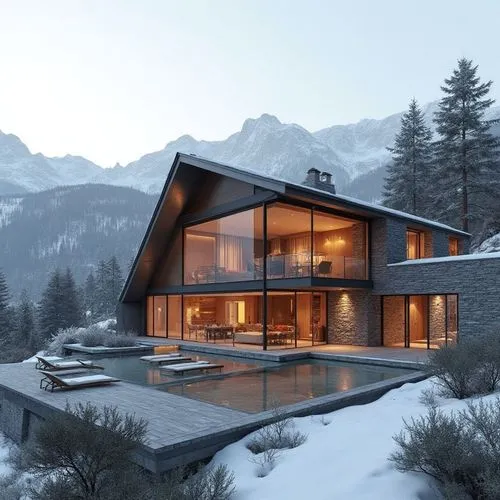 A hyper-realistic, high-resolution architectural photograph of a luxurious, alpine-style modern villa nestled in a mountainous landscape. The home features a prominent A-frame roof and is constructed 