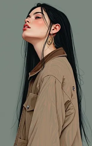 20 year old woman, long straight black hair,a drawing of a girl with hair,digital painting,jacket,kommuna,digital drawing,digital illustration,huayi,asami,vector illustration,mulan,neji,etam,fashion v