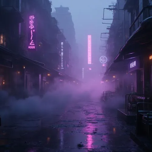 Information about interior design, interior decoration, decorating ideas, and more.,a foggy night in a street of asian city,cyberpunk,neon ghosts,atmospheres,ultraviolet,alleyway,alley,purple wallpape