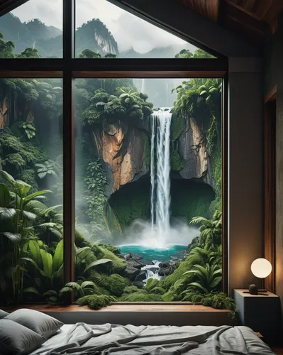 (a bedroom interior: 1.3) of an modern house, big window, 3d optic of a close up from a modern microchip, Industrie art, digital art, modern art, nature friendly, jungle mountain view with waterfall o