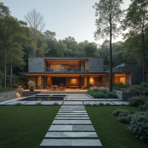 Create a villa with a luxury underground bunker, including a private cinema, gym, and art gallery.,modern house in the forest at dusk with a pathway leading to it,forest house,landscaped,modern house,