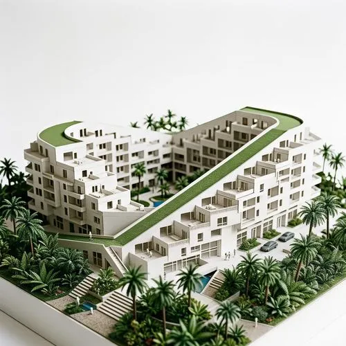 Miniature 8 house by Bjarke Ingels staggered pixel architecture, symmetry, modern, chipboard, futuristic minimalist building facade. Puerto Rico Tropical Landscape gardens architecture, symmetric, sch