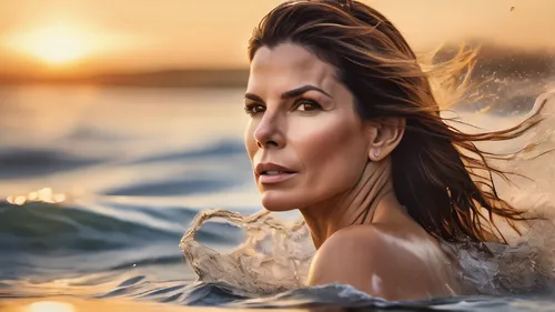 beautiful centered fine art photo portrait of Sandra Bullock as a gorgeous woman treading on water, white mist with sunlight rays, photorealistic, white background, highly detailed and intricate, suns
