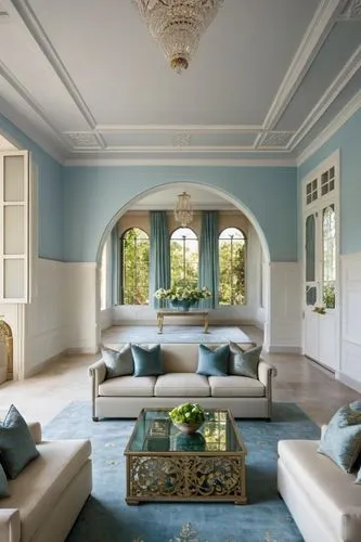large windows on the back wall,large couches, sofa tables, chairs, windows and rugs in a blue living room,stucco ceiling,sitting room,luxury home interior,stucco wall,family room,mahdavi