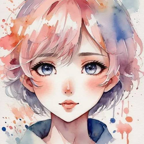 Generate an anime face with blushing cheeks and a shy, downward gaze.,marinette,haru,watercolors,watercolor,watercolour paint,watercolor blue,mabuchi,water colors,watercolor background,nanami,watercol