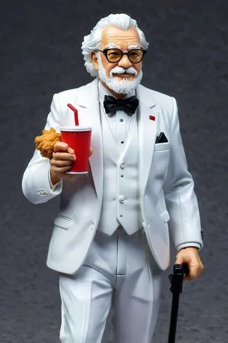 The famous KFC Grandpa, wearing a white suit, white suit pants, a black bow tie, and a black cane, has white hair, a white beard, black-framed glasses, and a slightly fat body with a belly. He holds a