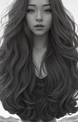 1girl, full body, solo, long hair, line art, sideways,girl drawing,layered hair,oriental longhair,girl portrait,digital painting,graphite,merida,fluttering hair,grayscale,smooth hair,asian semi-longha