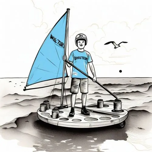 a man is in a dingy on the beach with a blue sail,sailboard,seamanship,sailboat,sailing saw,boatman,sail
