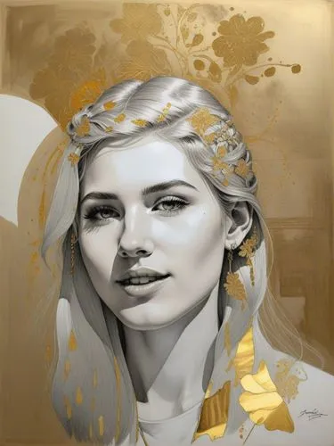 an image of a woman's face with golden colors,gold paint stroke,tymoshenko,gold leaf,gold foil art,gold paint strokes,oil painting on canvas