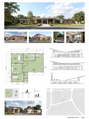 architectural presentation board including 3d exterior and interior renders, site plan, diagrams, technical drawings and collages in a minimal style
,an architectural plan and information sheet show