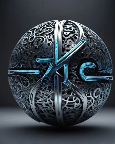 AI logo, futuristic, metallic, silver, blue neon lights, glowing circuitry, robotic, spherical shape, holographic display, orbiting particles, dark background, spotlight, low-angle shot, dramatic ligh
