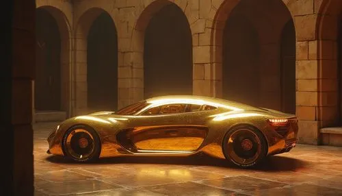 "Futuristic gold sports car concept, grand Gothic interior, atmospheric lighting, stone archways, premium automotive visualization",the design of a golden sports car can be seen from afar,gold paint s