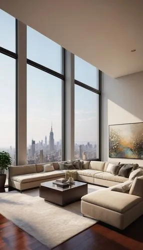Modern home interior, luxurious living room, 3/4 composition, warm softbox lighting, cream-colored walls, dark hardwood floors, minimalist furniture, sleek low-profile sofa, glass coffee table, potted