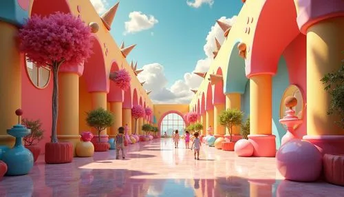 A vibrant ice cream factory with expansive, open areas and large, brightly colored walls. The ceiling is decorated with ice cream horns,many trees, and large windows allow natural light to filter in. 