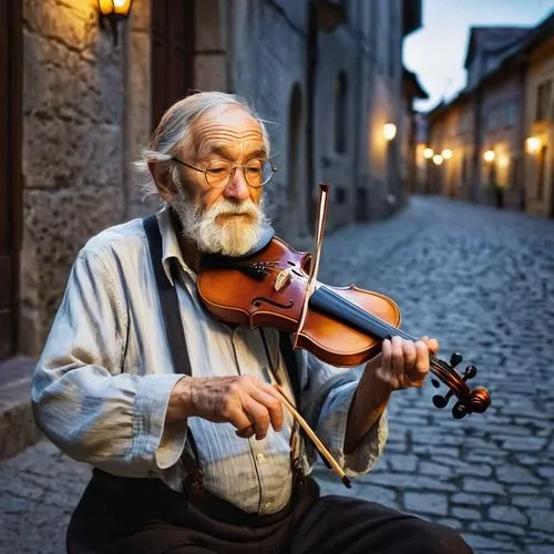 Elderly man, Malazan, fiddler, solo, (70yo), white beard, wrinkled face, aged eyes, glasses, worn-out clothes, holding a violin, playing on the street, old town, European-style architecture, stone pav