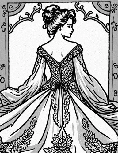 Style: Design Sketch-Detailed Outline,a drawing of the back of a woman's dress,crinoline,a floor-length dress,ball gown,peignoir,noblewoman,wedding dresses,evening dress,ballgown,rosaline,bridewealth,