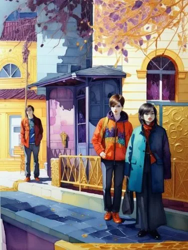 Город на закате, оранжевый дом, фиолетовые тени, акварель,two people standing on steps in front of a yellow building,street scene,the girl at the station,watercolor shops,train station,the train stati