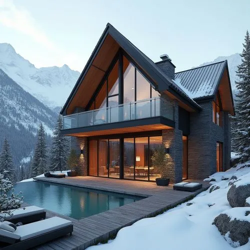 A hyper-realistic, high-resolution architectural photograph of a luxurious, alpine-style modern villa nestled in a mountainous landscape. The home features a prominent A-frame roof and is constructed
