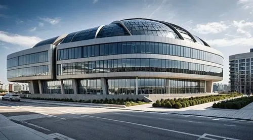  building color with futuristic architectural modern ,a building with a glass dome like design,headquarter,office building,office buildings,home of apple,biotechnology research institute,company headq