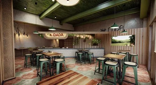 several tables and chairs are around at a restaurant,3d rendering,trattoria,render,sketchup,teahouse,bar stools,bistro,tavernas,3d render,wine bar,taproom,renders,eatery,wine tavern,retro diner,locand