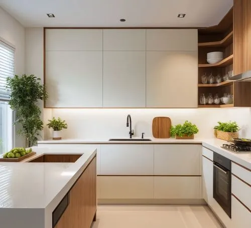 A modern and stylish kitchen featuring a warm combination of cream MDF and wood, creating a cozy and inviting atmosphere. On the right side, there is a double-bowl sink along with a built-in cooktop, 