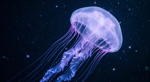 一只迷人而巨大的深海巨型水母漂浮在深渊海洋中，生物发光的紫蓝色触手在下方拖曳，半透明的伞状身体，黑暗神秘的水域背景漂浮着发光微粒，空灵而超凡的氛围，水下微距摄影风格，8k，高度精细，电影级布光。
,Giant Jellyfish,jellyfish,cnidaria,lion's mane jellyfish,ctenophores,nauplii,medusahead,jellyfish col