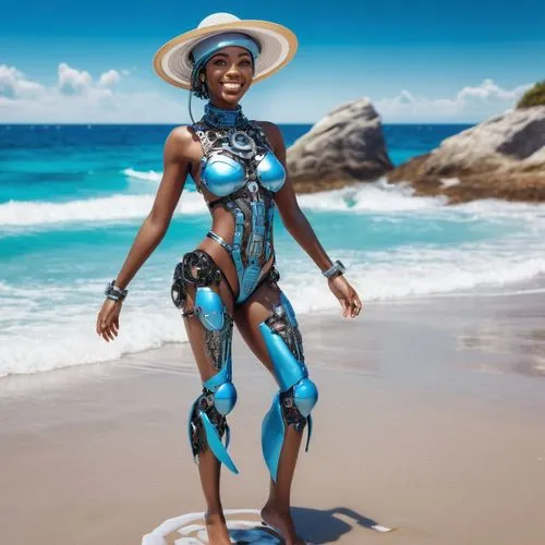 black girl on the most beautiful beach ever with people stones and clear blue water and she is smiling in beautiful beach clothes with a beach hat on her head,symetra,ai,bodypaint,broncefigur,maria ba