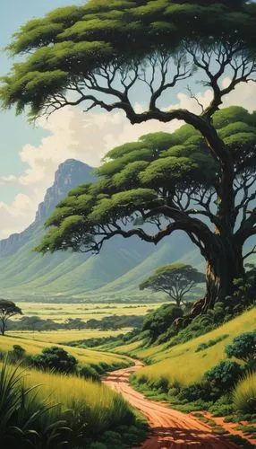 A detailed oil painting of a lush natural landscape in South Africa, 1960s South Africa. Envision a field with trees, tall grasses, and a large bush at its heart. The illustration captures an intricat