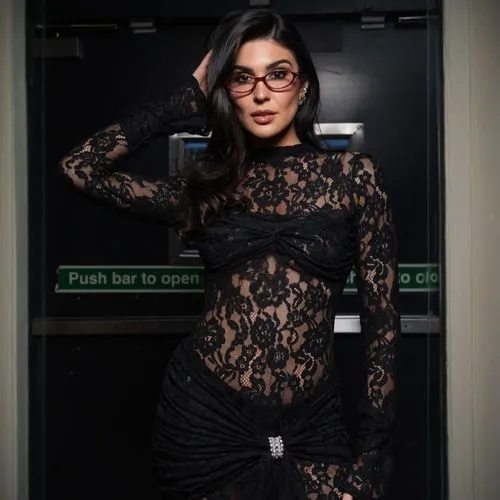 a woman wearing a black lacy dress and red heels,black and lace,photo session in bodysuit,see through,librarian,catsuit,see thru,lira,arias,tats,mesh and frame,lace,bodysuit,secretary,marina,secretari