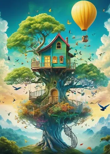 A captivating 3D rendering of an imaginative child's mindscape, featuring a lush, vibrant nature scene. A whimsical treehouse, perched on a colorful, swirling cloud, becomes the centerpiece of this dr